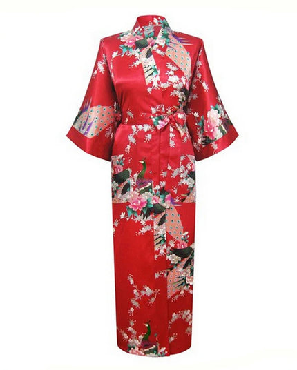 Roter Satin-Morgenmantel mit Pfauen- und Blumendruck - Sommer Satin Morgenmantel Damen lang