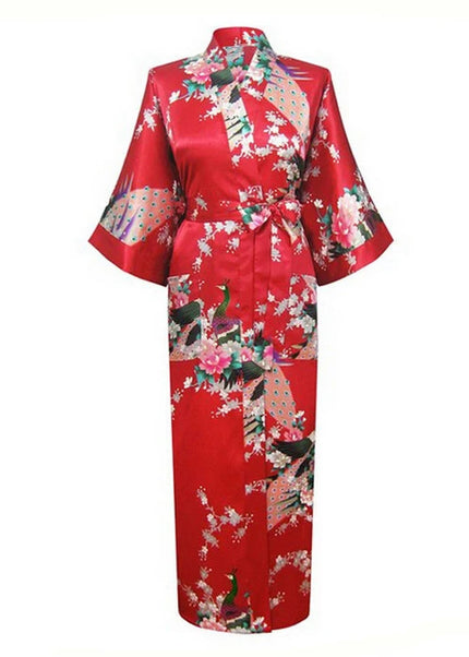 Roter Satin-Morgenmantel mit Pfauen- und Blumendruck - Sommer Satin Morgenmantel Damen lang