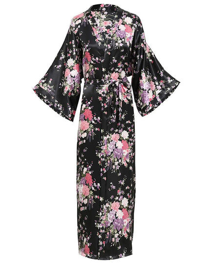 Schwarzer Maxi-Satin-Morgenmantel für Damen mit Kirschblüten-Druck - Vorderansicht