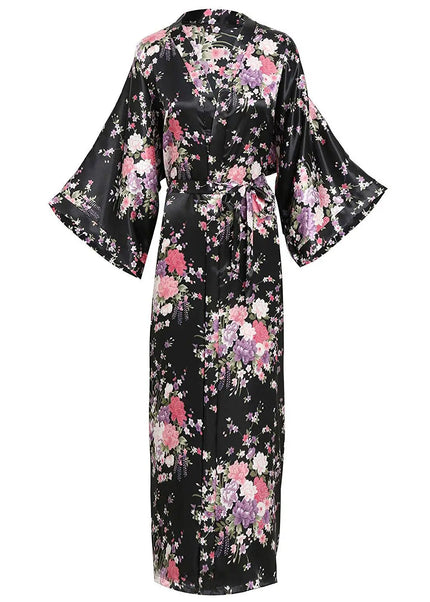 Schwarzer Maxi-Satin-Morgenmantel für Damen mit Kirschblüten-Druck - Vorderansicht