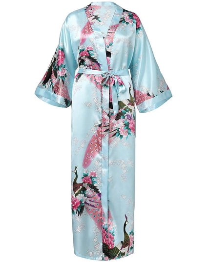Langer eleganter Morgenmantel in XXL für Damen in Hellblau mit Pfauen- und Blumenprint - Satin