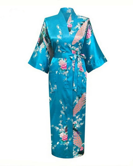 Türkiser Kimono-Morgenmantel Damen Curvy mit Pfauen- und Blumenmuster