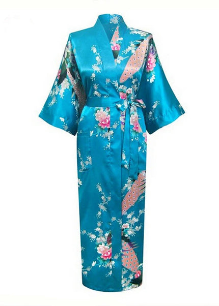 Türkiser Kimono-Morgenmantel Damen Curvy mit Pfauen- und Blumenmuster