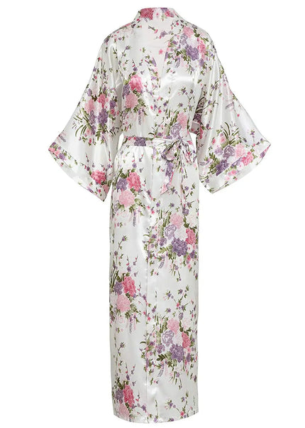 Weißer Satin Morgenmantel lang mit Blumenprint in Rosa, Lila und Grün