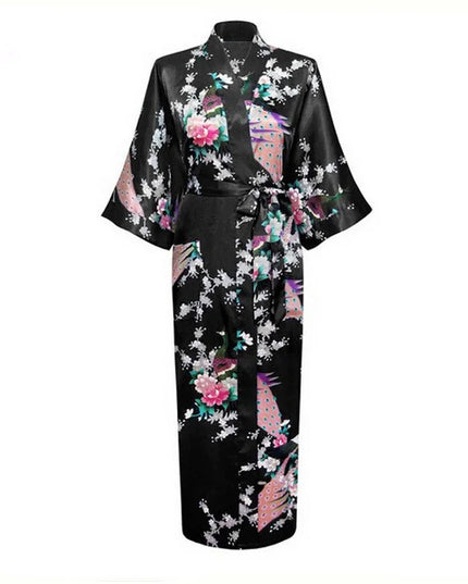 Schwarzer langer Kimono-Morgenmantel für Damen mit Pfauen- und Blumendruck, freigestellt