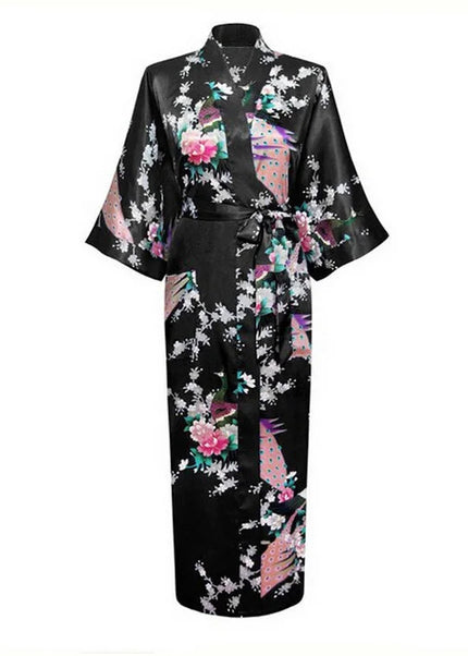 Schwarzer langer Kimono-Morgenmantel für Damen mit Pfauen- und Blumendruck, freigestellt