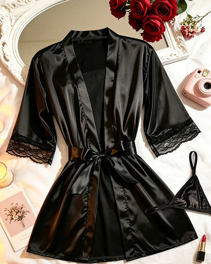 Schwarzer Kimono Morgenmantel aus weichem Satin mit Spitzenmanschetten