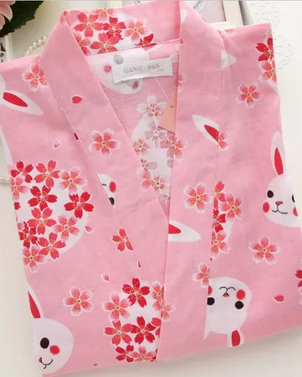 Rosa Kimono-Morgenmantel mit Kirschblüten und Hasenmotiv - Kimono Morgenmantel Damen sportlich elegant