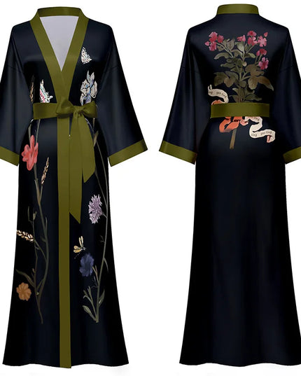 Bodenlanger Kimono-Morgenmantel in Olivgrün mit Blumenprint, Rückansicht