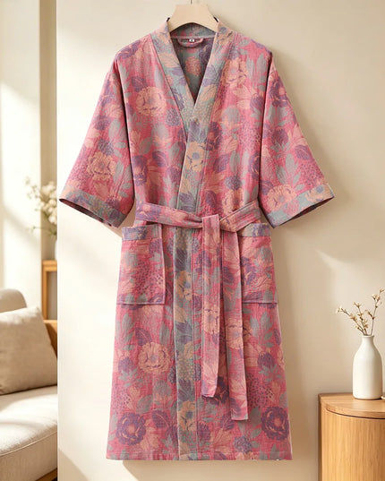 Roter Kimono-Morgenmantel mit Blumenmuster