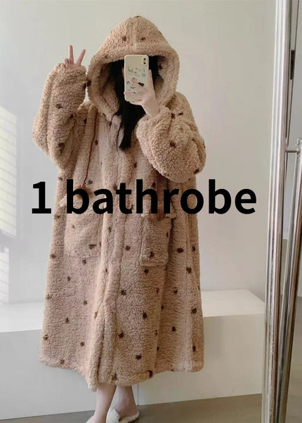Kuscheliger Morgenmantel in Braun mit Langarm für Damen aus Teddyfleece