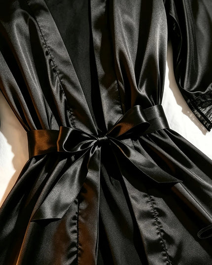 Detailaufnahme der schwarzen Spitzenmanschetten am Kimono Morgenmantel