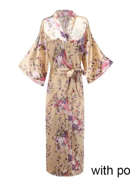 Weiter Satin-Morgenmantel für Damen in Beige - Champagnerfarbener Kimono mit Pfauendruck