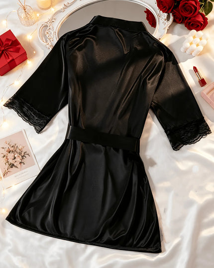 Morgenmantel Kimono schwarz mit Bindegürtel und V-Ausschnitt