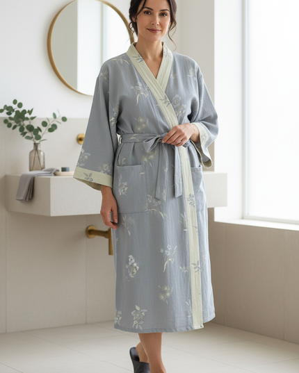 Baumwolle Kimono Morgenmantel Damen lang - hellblau-grau - Ansicht 1