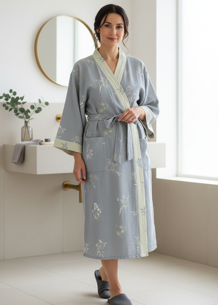 Baumwolle Kimono Morgenmantel Damen lang - hellblau-grau - Ansicht 1