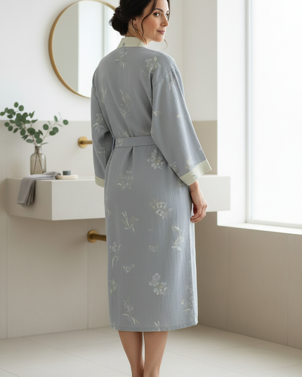 Baumwolle Kimono Morgenmantel Damen lang - hellblau-grau - Ansicht 2