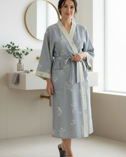 Baumwolle Kimono Morgenmantel Damen lang - hellblau-grau - Ansicht 3