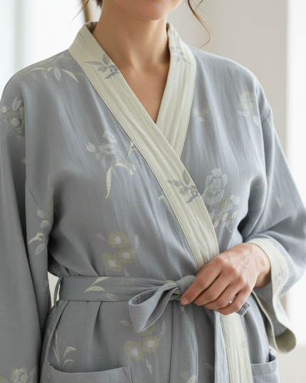 Baumwolle Kimono Morgenmantel Damen lang - hellblau-grau - Ansicht 4