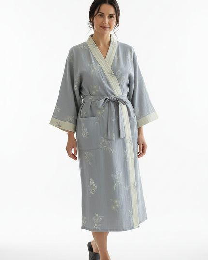 Baumwolle Kimono Morgenmantel Damen lang - hellblau-grau - Ansicht 5