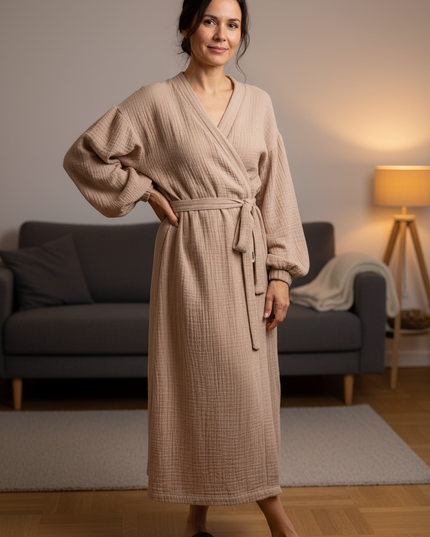 Beige kuscheliger Morgenmantel Damen lang - Baumwolle - Ansicht 1