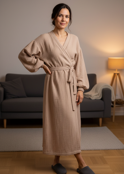 Beige kuscheliger Morgenmantel Damen lang - Baumwolle - Ansicht 1