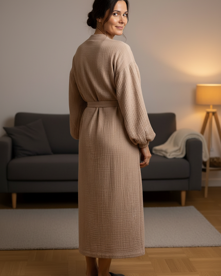 Beige kuscheliger Morgenmantel Damen lang - Baumwolle - Ansicht 2