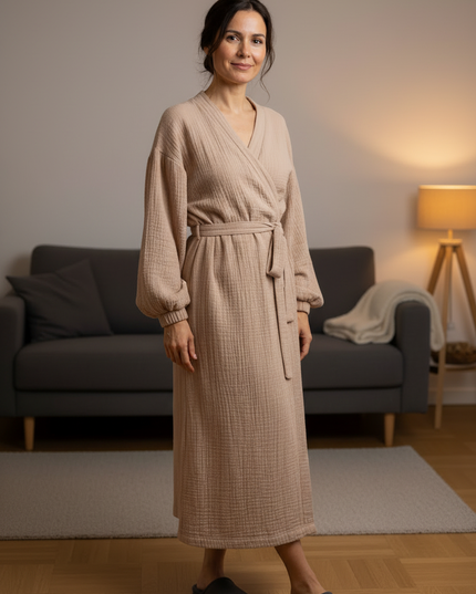 Beige kuscheliger Morgenmantel Damen lang - Baumwolle - Ansicht 3