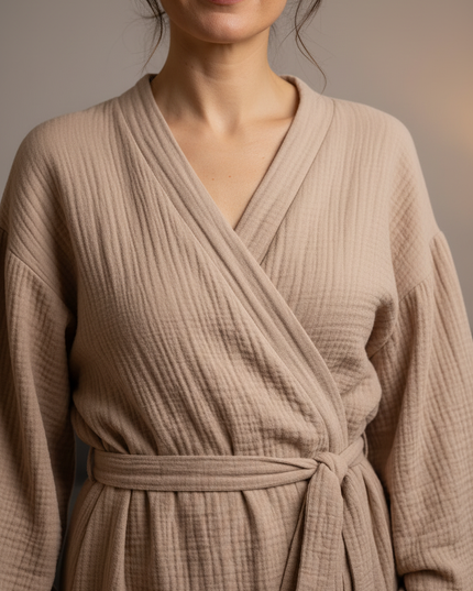 Beige kuscheliger Morgenmantel Damen lang - Baumwolle - Ansicht 4