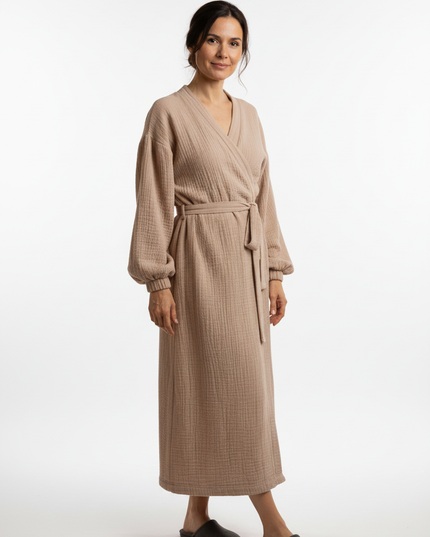 Beige kuscheliger Morgenmantel Damen lang - Baumwolle - Ansicht 5