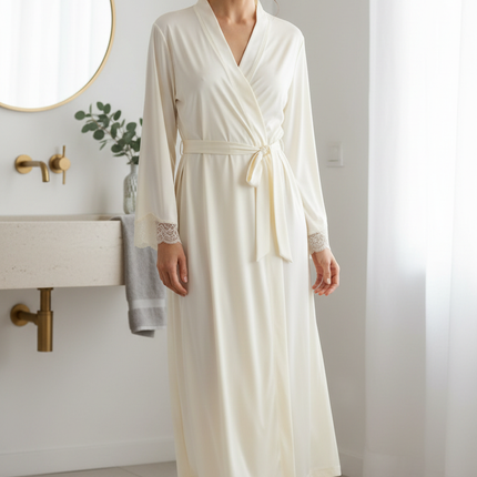 Beige Satin Morgenmantel Damen lang - edles Set - Ansicht 1