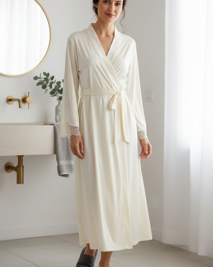 Beige Satin Morgenmantel Damen lang - edles Set - Ansicht 1
