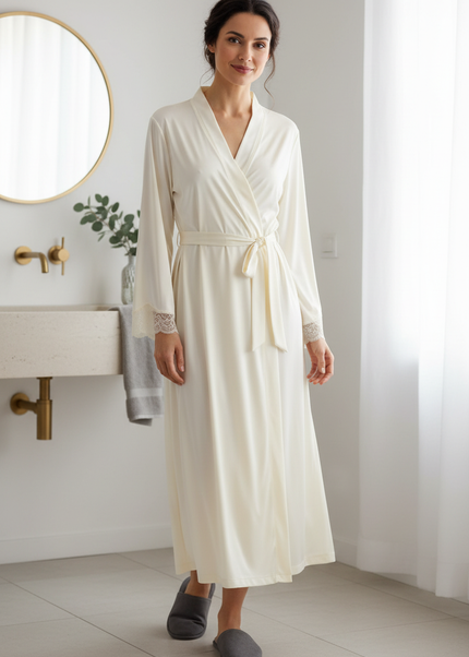 Beige Satin Morgenmantel Damen lang - edles Set - Ansicht 1