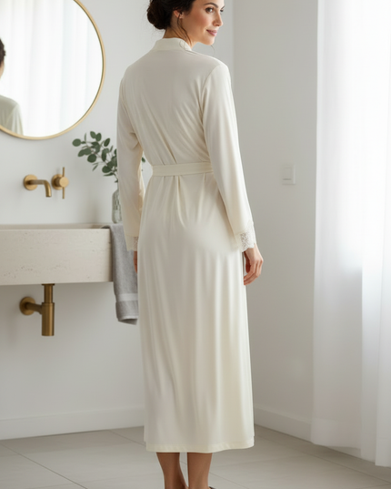 Beige Satin Morgenmantel Damen lang - edles Set - Ansicht 2