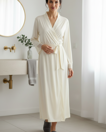 Beige Satin Morgenmantel Damen lang - edles Set - Ansicht 3