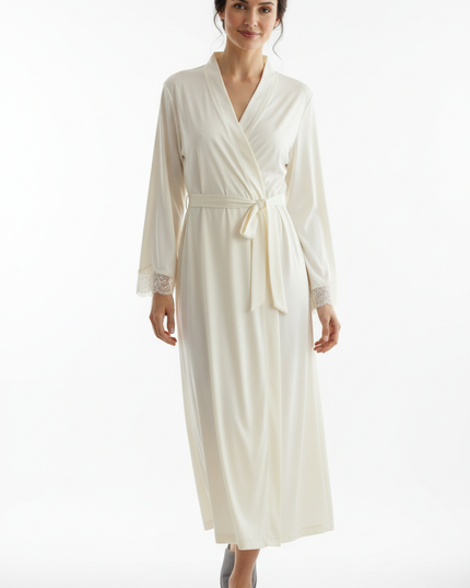 Beige Satin Morgenmantel Damen lang - edles Set - Ansicht 5