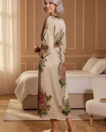 Beiger Kimono Morgenmantel Damen lang mit Blattmuster - Ansicht 2