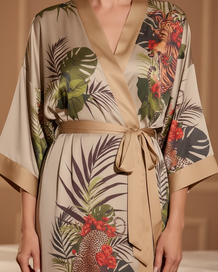 Beiger Kimono Morgenmantel Damen lang mit Blattmuster - Ansicht 4
