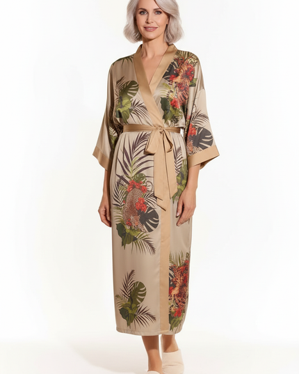 Beiger Kimono Morgenmantel Damen lang mit Blattmuster - Ansicht 5