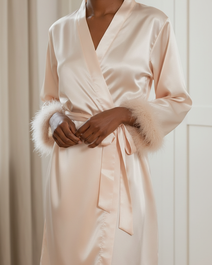 Beiger Kimono Morgenmantel Damen Langarm aus Satin - Ansicht 4
