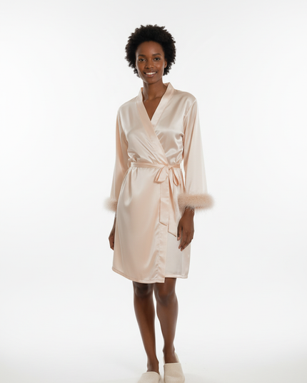 Beiger Kimono Morgenmantel Damen Langarm aus Satin - Ansicht 5