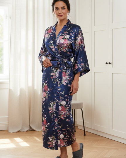 Blau Satin Morgenmantel Damen lang - fließender Kimono - Ansicht 1