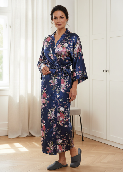 Blau Satin Morgenmantel Damen lang - fließender Kimono - Ansicht 1