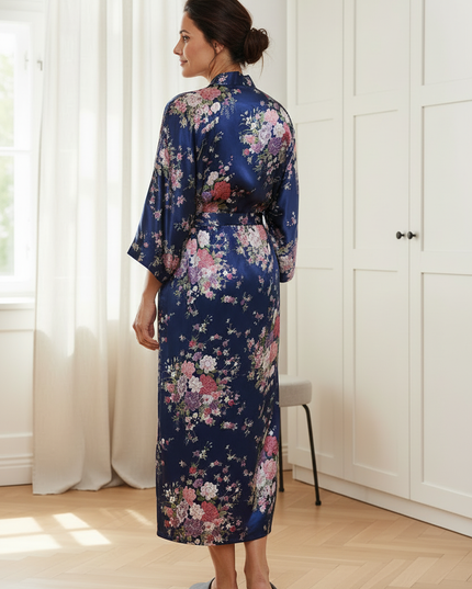 Blau Satin Morgenmantel Damen lang - fließender Kimono - Ansicht 2
