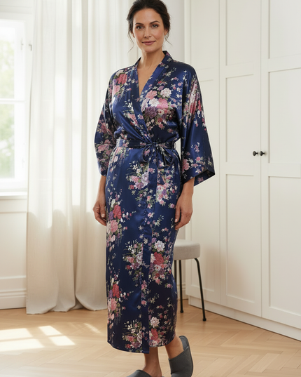 Blau Satin Morgenmantel Damen lang - fließender Kimono - Ansicht 3
