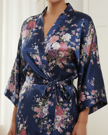 Blau Satin Morgenmantel Damen lang - fließender Kimono - Ansicht 4