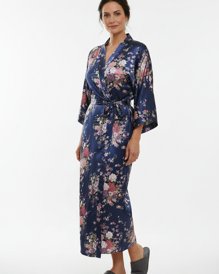 Blau Satin Morgenmantel Damen lang - fließender Kimono - Ansicht 5