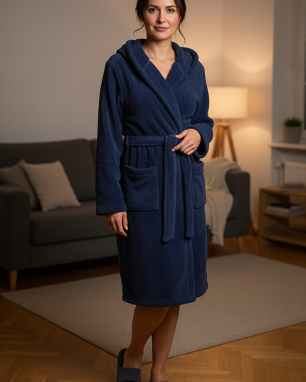 Blaue kuschelige Morgenmäntel für Damen mit Kapuze - Ansicht 1