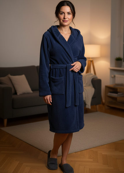 Blaue kuschelige Morgenmäntel für Damen mit Kapuze - Ansicht 1