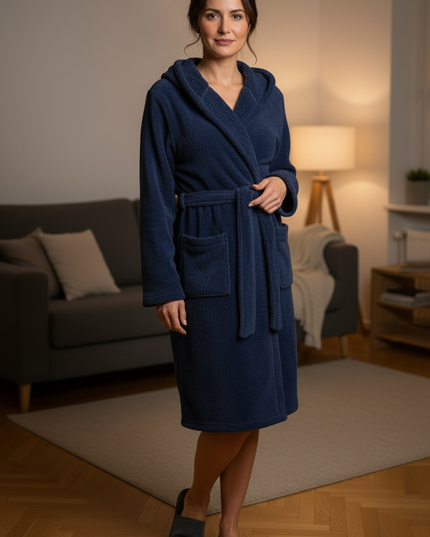 Blaue kuschelige Morgenmäntel für Damen mit Kapuze - Ansicht 3